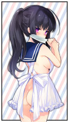 Rule 34 | 1girl, absurdres, apron, ass, bare shoulders, black border, blue sailor collar, blunt bangs, blush, border, bottomless, braid, breasts, commentary request, cowboy shot, fingernails, french braid, frilled apron, frills, from behind, hands up, highres, holding, holding knife, knife, kurimochi chizuru, legs together, long hair, looking at viewer, looking back, medium breasts, naked apron, original, ponytail, sailor collar, sideboob, sidelocks, solo, standing, thighs, white apron, yandere
