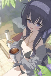 Rule 34 | 1girl, absurdres, applepie (12711019), bags under eyes, bikini, black bikini, black hair, blue archive, blue hairband, breasts, cardigan, cup, drink, grey cardigan, hairband, highres, holding, holding cup, jewelry, long hair, looking at viewer, necklace, o-ring, o-ring bikini, o-ring bottom, o-ring top, official alternate costume, open cardigan, open clothes, sitting, small breasts, solo, swimsuit, ui (blue archive), ui (swimsuit) (blue archive)