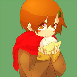 Rule 34 | 0814iwashita, 1girl, baozi, biting, blush, blush stickers, bob cut, brown coat, brown eyes, brown hair, brown shirt, coat, commentary, danshi koukousei no nichijou, eating, food, food in mouth, food wrapper, green background, hair between eyes, hair ornament, hairclip, holding, holding food, long sleeves, looking at viewer, looking to the side, looking up, mouth hold, own hands together, raised eyebrows, red scarf, ringo-chan (danshi koukousei), saturated, scarf, shirt, short hair, simple background, sleeves past wrists, solo, upper body, upturned eyes, winter clothes