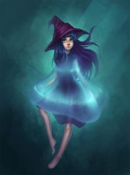 Rule 34 | 1girl, blue eyes, blue hair, dress, gradient background, hat, long hair, matching hair/eyes, md5 mismatch, resized, resolution mismatch, ruro jellywitch, smile, solo, source larger, vrihedd, water, witch, witch hat