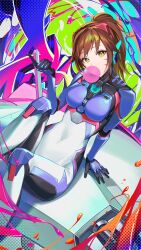 Rule 34 | beckoning, bodysuit, breasts, brown hair, blowing bubbles, chewing gum, covered navel, d.va (overwatch), dithering, facial mark, from above, graffiti, headgear, headphones, highres, kainown, looking at viewer, mecha, medium breasts, narrow waist, overwatch, paint, paint splatter, pilot suit, ponytail, robot, sitting, skin tight, swept bangs, whisker markings, yellow eyes