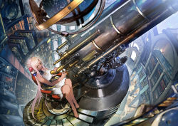 Rule 34 | 1girl, absurdres, barefoot, blurry, bookshelf, dark-skinned female, dark skin, depth of field, dress, hair ornament, highres, hololive, hololive english, library, light brown hair, limiter (tsukumo sana), long hair, observatory, painting (object), planet hair ornament, solo, spiral staircase, stairs, telescope, tsukumo sana, tsukumo sana (1st costume), twintails, virtual youtuber, vyragami, white dress, yellow eyes