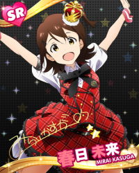 Rule 34 | 10s, 1girl, :d, arms up, boots, bow, bowtie, brown eyes, brown hair, card (medium), character name, character signature, crown, cuff links, dress, hat, idolmaster, idolmaster million live!, jumping, kasuga mirai, looking at viewer, official art, one side up, open mouth, plaid, plaid dress, prologue rouge (idolmaster), ribbon, side ponytail, signature, skirt, smile, solo, star (symbol), white footwear, wrist cuffs