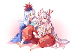 Rule 34 | &gt; &lt;, 2girls, baby, barefoot, blanket, blue hair, blush stickers, child, closed eyes, couple, family, feet, fujiwara no mokou, hair ribbon, hair up, happy, hat, if they mated, imoko (imonatsuki), kamishirasawa keine, long hair, mother and daughter, multiple girls, one eye closed, open mouth, pacifier, pants, parents, red eyes, ribbon, side ponytail, sitting, soles, toddler, touhou, very long hair, white hair, yuri