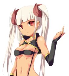 Rule 34 | 1girl, armadillo-tokage, bad id, bad twitter id, bare shoulders, blonde hair, breasts, bridal gauntlets, buttons, choker, earrings, highres, jewelry, midriff, navel, original, pointing, red eyes, solo, twintails, underboob, upper body