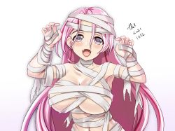 Rule 34 | 1girl, artist name, bandaged arm, bandaged hand, bandaged head, bandages, blush, breasts, dated, fangs, kantai collection, large breasts, long hair, luigi di savoia duca degli abruzzi (kancolle), open mouth, pink eyes, pink hair, signature, simple background, smile, solo, tk8d32, upper body, white background