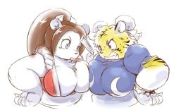 Rule 34 | 2girls, bear, brown hair, chun-li (cosplay), cosplay, crossover, furry, japanese clothes, multiple girls, ponytail, shiranui mai (cosplay), street fighter, the king of fighters, tiger, woory