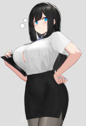 Rule 34 | 1girl, black hair, black skirt, blue eyes, blush, breasts, bursting breasts, button gap, collared shirt, dress shirt, grey background, grey pantyhose, hand on own hip, hayabusa, highres, large breasts, long hair, looking at viewer, mole, mole on breast, original, pantyhose, shirt, shirt tucked in, short sleeves, simple background, skirt, solo, thighs, white shirt