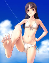 Rule 34 | 1girl, absurdres, aircraft, airplane, barefoot, bikini, black hair, brown eyes, cloud, contrail, day, feet, foot focus, front-tie top, grin, hands on own hips, highres, long hair, navel, norizou type-r, original, side-tie bikini bottom, sky, smile, soles, solo, spread toes, swimsuit, toenails, toes