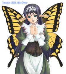 Rule 34 | 1girl, butterfly wings, corset, fairy, genshi, headdress, insect wings, milestone celebration, pointy ears, solo, wings