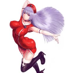 Rule 34 | 1girl, arm behind head, armpits, ass, boots, breasts, covered erect nipples, dress, elbow gloves, garter straps, gloves, hat, hell&#039;s channel, high heel boots, high heels, impossible clothes, nurse cap, parted lips, purple eyes, purple hair, rokudou mei, shu-mai, simple background, sleeveless, solo, thigh boots, thighhighs, thighhighs under boots, virtual youtuber, white background, white gloves, white thighhighs