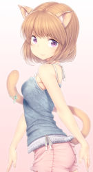Rule 34 | 1girl, animal ears, blush, brown hair, cat ears, cat tail, gradient background, looking at viewer, original, pink background, purple eyes, ribbon, shorts, simple background, sleeveless, smile, solo, tail, tail ornament, tail ribbon, zizi (zz22)