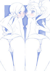 Rule 34 | 2girls, anus, anus peek, ass, back, bent over, blue theme, blush, breasts, cameltoe, commentary, from behind, glasses, hair ribbon, hanasaki tsubomi, heartcatch precure!, highres, in-franchise crossover, leaning forward, long hair, looking at viewer, looking back, low twintails, miyagoe yoshitsuki, monochrome, multiple girls, natsuumi manatsu, nipples, open mouth, outside border, panties, precure, ribbon, rimless eyewear, round eyewear, side-by-side, side ponytail, small breasts, smile, standing, string panties, striped clothes, striped panties, thong, topless, tropical-rouge! precure, twintails, underwear, underwear only, v