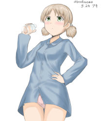 Rule 34 | 10s, 1girl, aki (girls und panzer), bad id, bad pixiv id, blue shirt, bottle, character name, collared shirt, commentary, cowboy shot, dated, frown, girls und panzer, green eyes, hair tie, hako reeema, hand on own hip, highres, holding, holding bottle, light brown hair, looking at viewer, milk bottle, no pants, one-hour drawing challenge, pajamas, panties, pink panties, shirt, short hair, short twintails, simple background, solo, standing, thigh gap, twintails, twitter username, underwear, white background