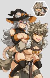 Rule 34 | 1boy, 1girl, animal ear fluff, animal ear piercing, animal ears, basil (vtuber), black dress, black thighhighs, boo the rat, brown hair, buck teeth, capelet, carrying, chibi, chibi inset, cleavage cutout, clothing cutout, detached sleeves, dress, eyeshadow, fangs, fur-trimmed capelet, fur trim, grey background, grey hair, hand on another&#039;s shoulder, hat, high heels, indie virtual youtuber, loincloth, long hair, makeup, mouse ears, mouse girl, mouse tail, open mouth, orange eyes, orange footwear, piggyback, pink eyes, pumps, purple eyeshadow, purple nails, smile, tail, teeth, thighhighs, topless male, uguubear, witch hat, wolf boy, wolf ears, wolf paws, wolf tail