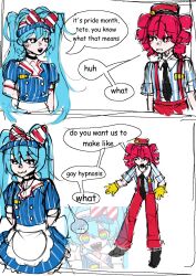 Rule 34 | ..., 2girls, 2koma, :3, aqua eyes, aqua hair, arms behind back, black necktie, blue dress, blue shirt, borrowed inset, bow, buttons, collared shirt, comic, diagonal-striped bow, double-breasted, dress, drill hair, english text, gloves, hat, hatsune miku, highres, inset, it&#039;s pride month you know what that means (meme), kasane teto, lgbt pride, long hair, meme, mesmerizer (vocaloid), multiple girls, necktie, open mouth, outstretched arms, pinstripe dress, pinstripe pattern, pinstripe shirt, pride month, red eyes, red hair, red hat, red suspenders, shirt, simple background, sketch, speech bubble, spoken ellipsis, standing, striped clothes, striped dress, striped shirt, subspace (ssubspacing), suspenders, symbol-shaped pupils, twin drills, twintails, two-tone shirt, utau, vertical-striped clothes, vertical-striped dress, vertical-striped shirt, vocaloid, white background, white shirt, yellow gloves