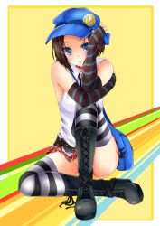 Rule 34 | 1girl, :t, atlus, bag, black thighhighs, blue eyes, boots, brown hair, clothes lift, elbow gloves, fingerless gloves, gloves, hat, iname, leg up, marie (persona 4), no panties, persona, persona 4, persona 4 the golden, skirt, skirt lift, striped clothes, striped thighhighs, thighhighs, white thighhighs