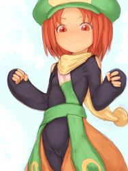 Rule 34 | 1girl, aged down, baggy pants, bare shoulders, blush, bodysuit, cabbie hat, clenched hands, closed mouth, cowboy shot, fingerless gloves, flat chest, fumio (rsqkr), gloves, hat, light smile, looking at viewer, pants, parted bangs, red eyes, red hair, scarf, short hair, simple background, sketch, smile, solo