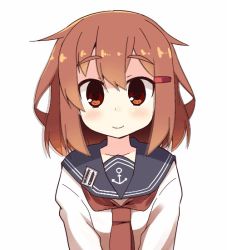 Rule 34 | 10s, 1girl, :d, animated, animated gif, blinking, brown hair, closed eyes, emofuri, fang, hair ornament, hairclip, head tilt, ikazuchi (kancolle), kantai collection, long sleeves, looking at viewer, md5 mismatch, nanateru, neckerchief, open mouth, red neckerchief, sailor collar, school uniform, serafuku, short hair, simple background, smile, solo, ugoira, upper body, white background