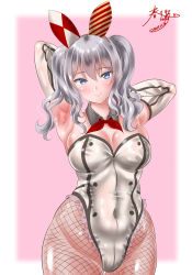 Rule 34 | 1girl, adapted costume, animal ears, armpits, blue eyes, commentary request, dated, detached collar, fake animal ears, hair between eyes, kantai collection, kashima (kancolle), kasugano tobari, leotard, long hair, pantyhose, playboy bunny, rabbit ears, silver hair, smile, solo, two side up