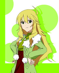 Rule 34 | 1girl, :t, ahoge, angry, blonde hair, coat, female focus, fur collar, green eyes, hands on own hips, highres, hoshii miki, idolmaster, idolmaster (classic), jacket, jewelry, long hair, necklace, pout, shotarou, solo, syotarou, white background
