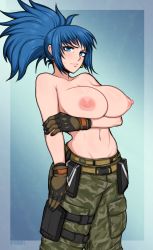 Rule 34 | 1girl, afrobull, bare shoulders, blue eyes, blue hair, breasts, cargo pants, embarrassed, gloves, highres, jewelry, large breasts, leona heidern, midriff, narrow waist, navel, nipples, pants, ponytail, serious, soldier, solo, the king of fighters, the king of fighters xiv, topless