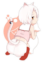 Rule 34 | animal ears, ass, bell, biting, feet, kneeling, looking back, mouth hold, hugging object, orange eyes, pillow, pillow hug, saga inu, short hair, sitting, slit pupils, socks, solo, spandex, tail, tail bell, tail ornament, white hair, yellow eyes
