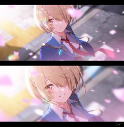 Rule 34 | 1girl, blazer, blonde hair, blue jacket, blurry, blurry background, collarbone, commentary request, gomi chihiro, grin, hair ornament, hair over one eye, hairclip, heaven burns red, highres, jacket, kayamori ruka, looking at viewer, looking up, necktie, open clothes, open jacket, outdoors, parted lips, red eyes, red necktie, sailor collar, school uniform, shinda sekai sensen uniform, shirt, short hair, signature, smile, white shirt