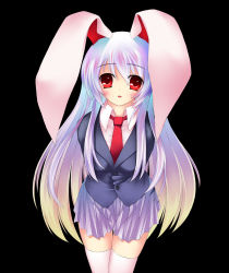 Rule 34 | 1girl, animal ears, blush, business suit, female focus, formal, long hair, necktie, pink hair, rabbit ears, red eyes, red necktie, reisen udongein inaba, skirt, skirt suit, socks, solo, suit, thighhighs, touhou, umitsubame
