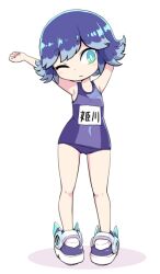 Rule 34 | 1girl, arms up, frown, full body, green eyes, himekawa fubuki, multicolored hair, nollety, one eye closed, purple hair, school swimsuit, short hair, simple background, solo, standing, stretching, swimsuit, two-tone hair, white background, youkai watch