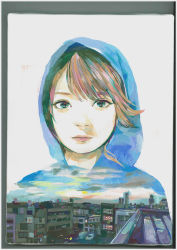 Rule 34 | 1girl, absurdres, brown hair, city, cityscape, expressionless, highres, hood, hood up, hoodie, junjunforever, looking to the side, multicolored hair, original, sky, solo, swept bangs, traditional media