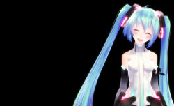 Rule 34 | 1girl, 3d, ^ ^, aqua eyes, aqua hair, bridal gauntlets, center opening, closed eyes, hatsune miku, hatsune miku (append), highres, long hair, necktie, open clothes, open mouth, smile, solo, thighhighs, twintails, vocaloid, tda model (mikumikudance), vocaloid append