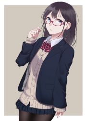 Rule 34 | 1girl, arm at side, bad id, bad pixiv id, black jacket, blazer, blue eyes, border, bow, bowtie, brown hair, buttons, collared shirt, cowboy shot, glasses, highres, jacket, long hair, long sleeves, looking at viewer, miniskirt, open clothes, open jacket, original, outside border, pantyhose, parted lips, playing with own hair, purple-framed eyewear, ribbon, saitou (lynx-shrike), school uniform, shirt, simple background, skirt, sleeves past wrists, solo, standing, striped bow, striped bowtie, striped clothes, striped neckwear, teeth, thighs, vest, white border, white shirt, wing collar