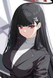 Rule 34 | 1girl, black hair, black jacket, blue archive, breasts, bright pupils, commentary, english commentary, hair ornament, hairclip, halo, highres, holding, holding tablet pc, jacket, large breasts, long hair, red eyes, reia 76, rio (blue archive), solo, sweater, tablet pc, turtleneck, turtleneck sweater, very long hair, white pupils, white sweater