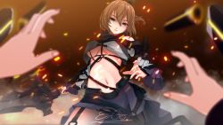 Rule 34 | 1girl, azur lane, bare shoulders, blue eyes, blue skirt, blurry, blurry foreground, breasts, brown hair, clothing cutout, commentary, cowboy shot, crop top, en go (kuro nigiri), garter straps, groin, hair between eyes, highres, long sleeves, looking at viewer, medium breasts, midriff, navel, one side up, parted lips, pov, pov hands, repulse (azur lane), repulse (meta) (azur lane), shirt, short hair, shoulder cutout, sidelocks, signature, skirt, solo focus, standing, sword, underboob, weapon, white shirt