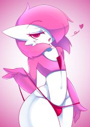 Rule 34 | 1boy, absurdres, ashraely, blush, bob cut, bulge, collarbone, colored skin, cowboy shot, creatures (company), game freak, gardevoir, gen 3 pokemon, gradient background, groin, hair over one eye, half-closed eyes, hand up, happy, heart, highres, light blush, looking at viewer, male focus, multicolored skin, navel, nintendo, open mouth, panties, pink background, pink hair, pink skin, pokemon, pokemon (creature), red eyes, red panties, short hair, simple background, smile, solo, standing, stomach, thick thighs, thighs, trap, two-tone skin, underwear, white skin, wide hips