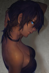 Rule 34 | 1girl, adjusting hair, arm at side, arm up, bad id, bad pixiv id, bare arms, bare shoulders, black neckwear, black tube top, blue eyes, breasts, brown hair, choker, cleavage, closed mouth, dark-skinned female, dark skin, female focus, from above, from side, highres, large breasts, lips, looking at viewer, looking up, neck, shadow, short hair, solo, spade-m, strapless, tattoo, tube top, tube top, upper body