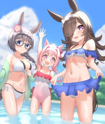 Rule 34 | 3girls, absurdres, alternate costume, animal ears, bikini, black hair, blue eyes, blue sky, breasts, casual one-piece swimsuit, cleavage, collarbone, commentary request, factory314, frilled one-piece swimsuit, frills, front-tie top, glasses, gradient swimsuit, haru urara (umamusume), highres, horse ears, horse girl, horse tail, large breasts, multiple girls, navel, off-shoulder bikini, off shoulder, one-piece swimsuit, pink eyes, pink hair, pink one-piece swimsuit, purple eyes, rice shower (umamusume), sidelocks, sky, small breasts, swimsuit, tail, umamusume, white one-piece swimsuit, zenno rob roy (umamusume)