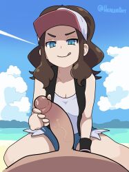 1boy 1girl :q aqua_eyes black_vest breasts brown_hair cleavage clothed_female_nude_male cloud collarbone commentary creatures_(company) day exposed_pocket fruithead game_freak hat hetero highres hilda_(pokemon) long_hair nintendo nude outdoors penis penis_grab pokemon pokemon_bw shirt shorts sidelocks sky tongue tongue_out twitter_username uncensored vest watermark white_hat white_shirt