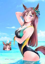 Rule 34 | 2girls, absurdres, air groove (umamusume), animal, animal ears, animal on head, bird, bird on head, blue sky, bow, breasts, brown hair, cloud, commentary request, competition swimsuit, day, ear bow, highres, horizon, horse ears, horse girl, horse tail, long hair, looking at viewer, medium breasts, mejiro dober (umamusume), miki lutecia, multiple girls, ocean, on head, one-piece swimsuit, outdoors, purple eyes, seagull, sky, soaking feet, solo focus, swimsuit, tail, twitter username, umamusume, water