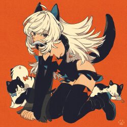 Rule 34 | 1girl, all fours, animal ears, black footwear, boots, cat, cat ears, cat girl, cat tail, detached sleeves, fish in mouth, grey eyes, keishin, long hair, long sleeves, looking at viewer, mouse (animal), original, paw print, red background, simple background, solo, tail, thigh boots, white hair