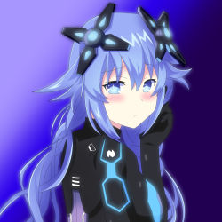 Rule 34 | 1girl, blue eyes, blush, bodysuit, breasts, commentary request, embarrassed, hair between eyes, headgear, highres, long hair, looking at viewer, neptune (neptunia), neptune (series), next form, next purple, power symbol, power symbol-shaped pupils, purple hair, purple heart (neptunia), skin tight, solo, symbol-shaped pupils, upper body, user htzz7884