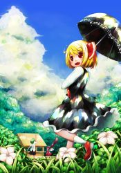 Rule 34 | 3girls, antennae, arm up, blonde hair, blue sky, building, cloud, day, dress, fang, female focus, flower, forest, grass, green hair, hair ribbon, hat, jagabutter, long sleeves, looking at viewer, looking back, multiple girls, mystia lorelei, nature, open mouth, outdoors, parasol, pink hair, red dress, red eyes, ribbon, rumia, shirt, short hair, short sleeves, shorts, skirt, skirt set, sky, touhou, umbrella, vest, wings, wriggle nightbug