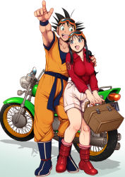 Rule 34 | 1boy, 1girl, black hair, blouse, boots, breasts, chi-chi (dragon ball), collared shirt, dougi, dragon ball, dragon ball (classic), harumaki, large breasts, long hair, medium breasts, multiple boys, muscular, open mouth, red shirt, shirt, short hair, simple background, smile, son goku, spiked hair, standing, white background, wristband