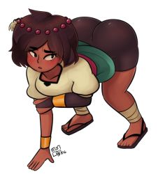 Rule 34 | 1girl, ajna (indivisible), artist request, ass, bent over, bike shorts, blush, brown hair, dark skin, dark-skinned female, female focus, huge ass, indivisible, red eyes, sandals, short hair, solo