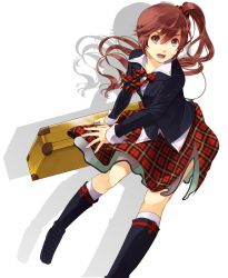 Rule 34 | 1girl, bad id, bad pixiv id, boots, brown eyes, brown hair, case, long hair, open mouth, original, plaid, plaid skirt, shibanashi miso, side ponytail, skirt, solo, una