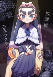 Rule 34 | 1girl, bag of chips, blue eyes, blue ribbon, bow, hair bow, hands on own legs, highres, houkago himitsu club, long hair, looking at viewer, mizukiebiebi, own hands together, pringles, ribbon, school uniform, sitting, snack, solo, spotlight, sweat, thick eyebrows
