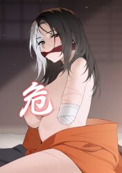 Rule 34 | 1girl, amputee, bechu, black eyes, black hair, blurry, blurry background, censored, cloth gag, commentary, gag, gagged, genderswap, genderswap (mtf), highres, improvised gag, indoors, light particles, long hair, looking at viewer, scar, sekiro, solo, symbol-only commentary, white hair