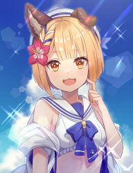 Rule 34 | 1girl, :3, animal ears, beret, blonde hair, breasts, cloud, crop top, day, dog ears, flower, granblue fantasy, hair flower, hair ornament, hand up, hat, highres, jacket, jiman, looking at viewer, off shoulder, open mouth, outdoors, sailor collar, shirt, short hair, sleeveless, sleeveless shirt, small breasts, smile, solo, sparkle, sunlight, upper body, vajra (granblue fantasy), vajra (summer) (granblue fantasy), white hat, white jacket, white shirt, yellow eyes