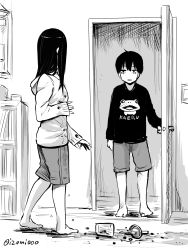 Rule 34 | 1boy, 1girl, animal print, barefoot, brother and sister, bubble tea, bubble tea challenge, clothes writing, cup, disposable cup, door, drinking straw, failure, frog print, greyscale, highres, indoors, izumi (toubun kata), kyousuke (mieruko-chan), long hair, long sleeves, looking at another, mieruko-chan, miko (mieruko-chan), monochrome, opening door, short hair, shorts, siblings, sketch, spill, standing, twitter username, walk-in